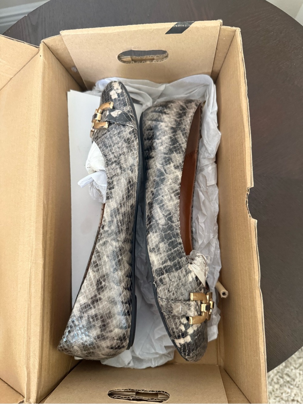 Banana Republic Factory Snake-Print Ballet Flats in Gray with Gold Buckle
